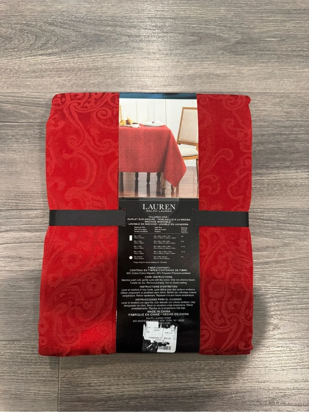 Lauren Ralph Lauren Red Damask Oblong Rectangular Tablecloth 60 in X 120 in NEW